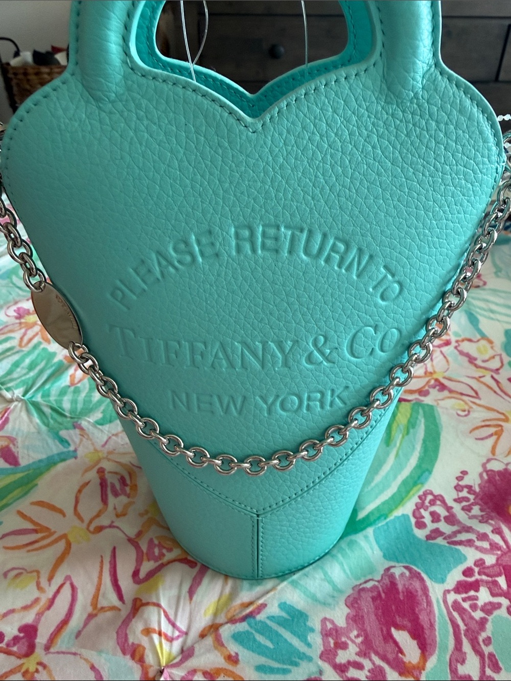 Tiffany & Co. Aqua Pebbled Leather Heart-Top Crossbody Bag - Picture 2 of 8